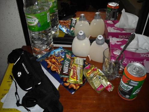 From left to right: Specs strap, fuelbelt, cashews, PowerBar, PowerGel concoction loaded into fuelbelt bottles, and Gatorade.